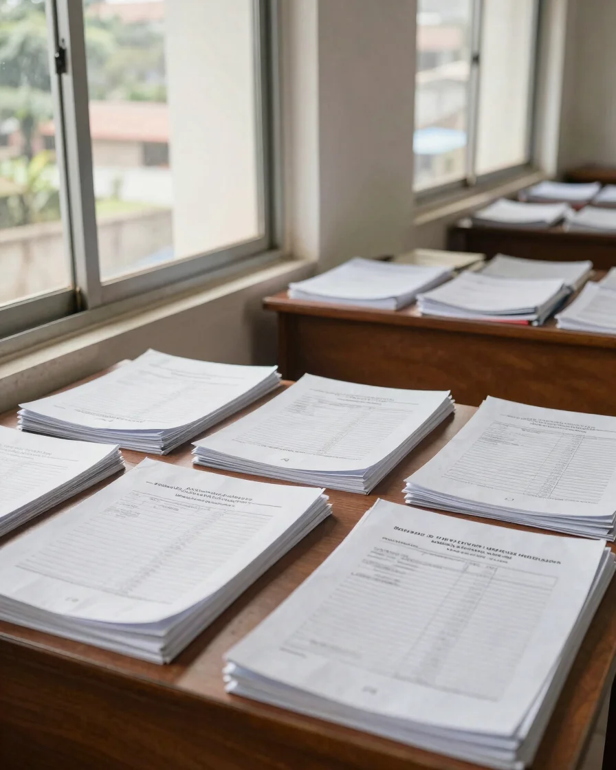 Ruang kerja administrasi madrasah yang tertata rapi, rak arsip be