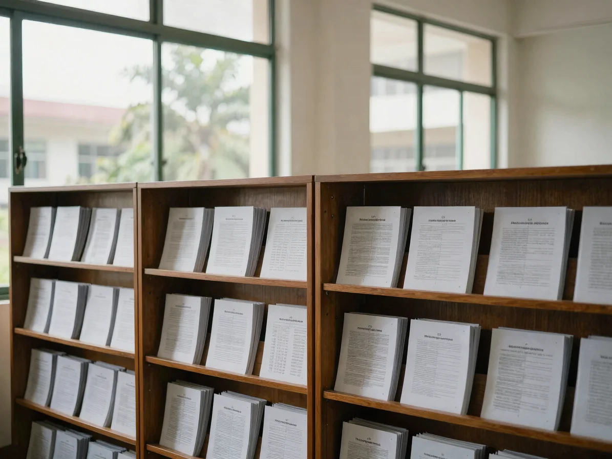 Ruang arsip dokumen laporan di gedung madrasah, rak berisi map do
