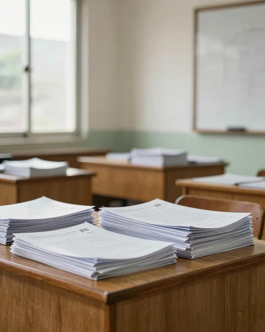 Ruang layanan informasi madrasah pada siang hari, tumpukan dokume